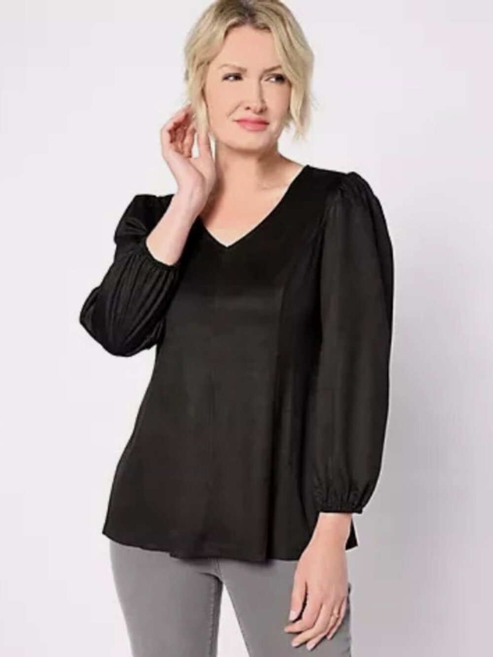 Susan Graver Faux Suede V-Neck Fit-and-Flare 3/4-Sleeve Top Black XXS, 3X, 4X